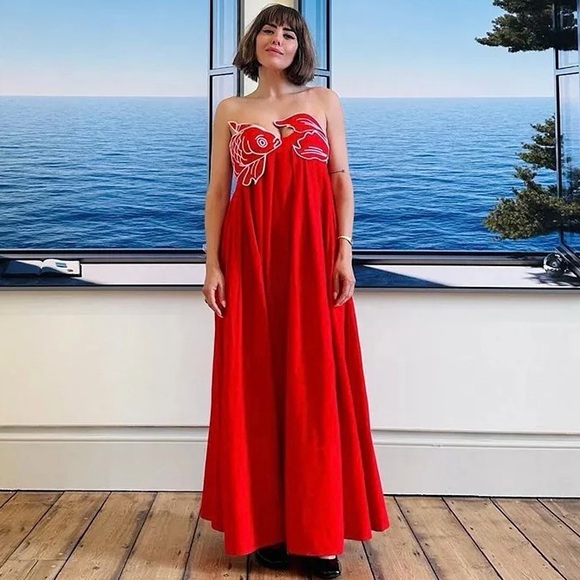 Farm Rio Red Fish Top Linen Blend Strapless Maxi Dress Tropical Appliqué Medium - Picture 6 of 12